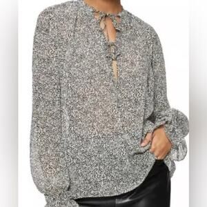 Anine Bing Abigail Printed Silk long sleeve split neck semi sheer abstract top